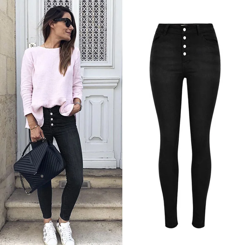 2019 Women Black Jeans Chic High Waist Single Button Sexy Pencil Slim Skinny Denim Pants | Женская одежда