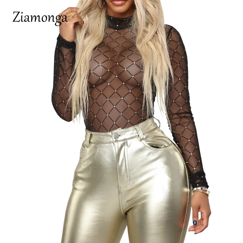 Ziamonga Облегающий комбинезон сексуальное тело Feminino Black Mesh Украшенные