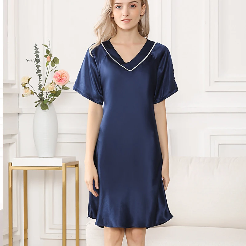 100% Mulberry Silk Satin Nightgown with V-Neck Women Nightdress Slim Fit Elegant Ladies Nightie Sleepwear Nightwear sp0119