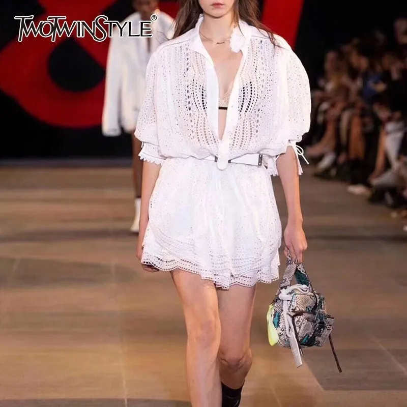 TWOTWINSTYLE Summer Embroidery Women's Dress Stand Collar Long Sleeve Hollow Out Solid Mini Dresses Female 2020 Fashion New | Женская