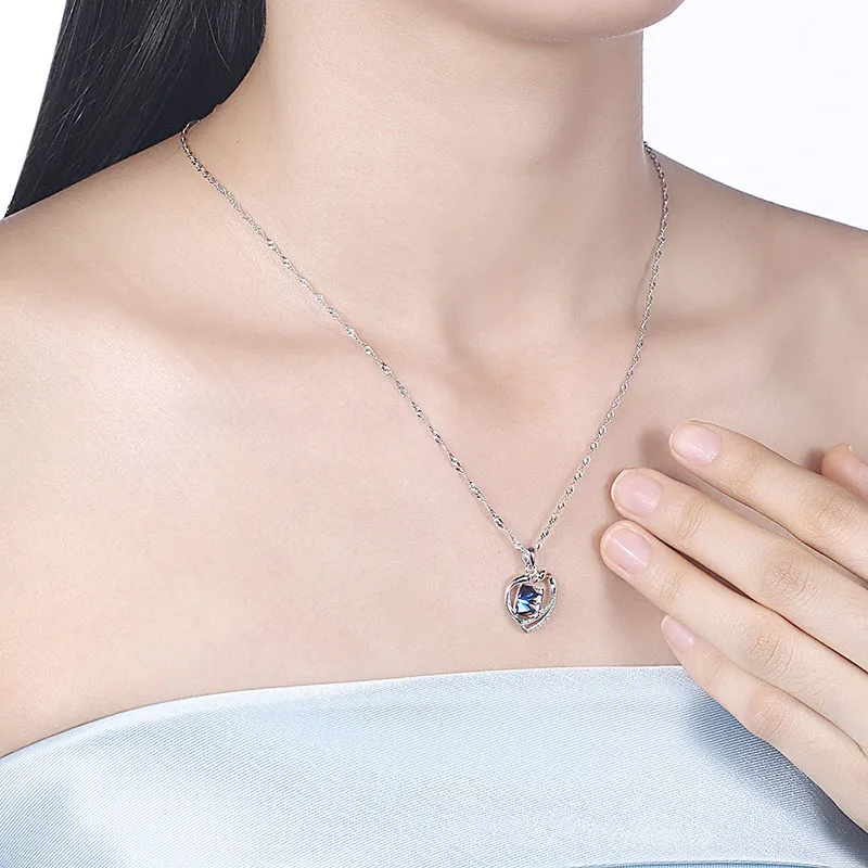 Кулон с лебедем и голубым кристаллом Swarovski колье сердцем из стерлингового