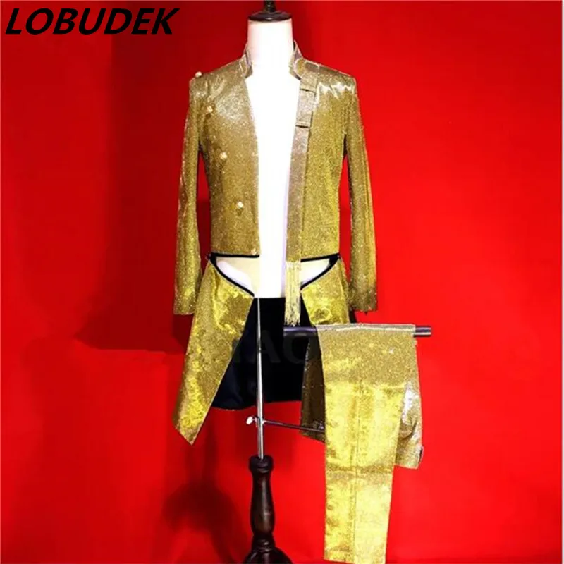 Новый мужской костюм для клуба крутые костюмы золотого цвета супер куртка