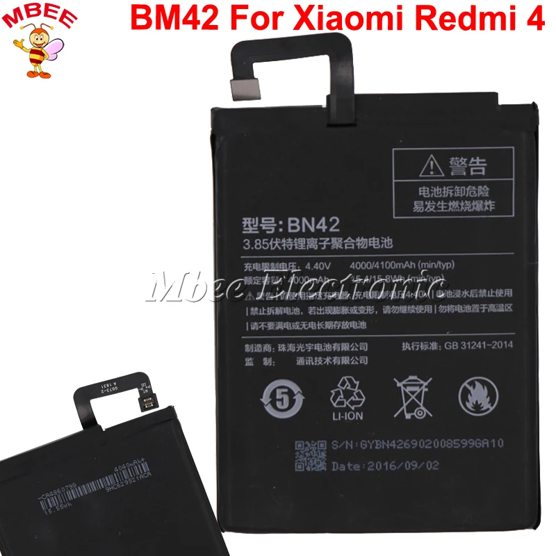 

BN42 Battery For Xiaomi Redmi 4 (2G RAM 16G ROM Edition) Xiao mi Hongmi 4 Bateria Batterij Accumulator 4000/4100mAh