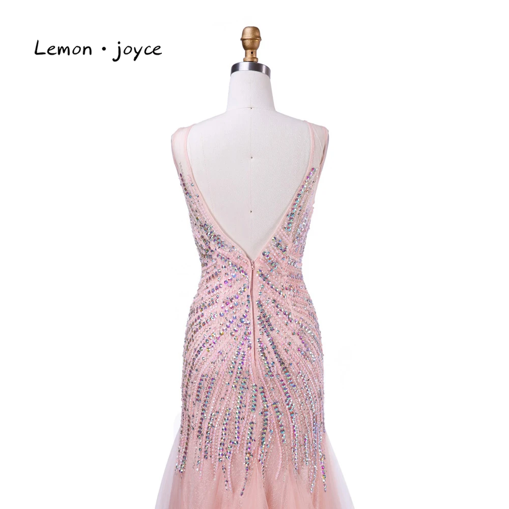 Formal Light Pink Evening Dresses Mermaid 2018 New Design O-neck Backless Beading Crystal Floor-length Tulle Party Gowns | Свадьбы и