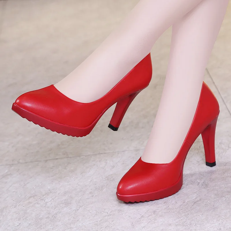 8cm heel red Пикантные туфли с острым носком на квадратном каблуке; женские туфли-лодочки; коллекция года; сезон весна-осень; офисные туфли на высоком каблуке; женские свадебные туфли; цвет белый, красный - Цвет: 8cm heel red