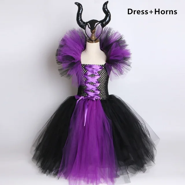 Maleficent/платье-пачка «злая королева» для девочек с рогами, костюм ведьмы для косплея для девочек, детское праздничное платье, детская одежда