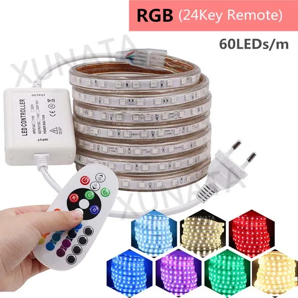 60LEDs RGB 24Key 5050 RGB Светодиодная лента Водонепроницаемая 220 В ЕС Сенсорный пульт 24Key светодиодный светильник 60 Светодиодный s/m 120 светодиодный s/m двухрядная гибкая лента светодиодный светильник - Испускаемый цвет: 60LEDs RGB 24Key