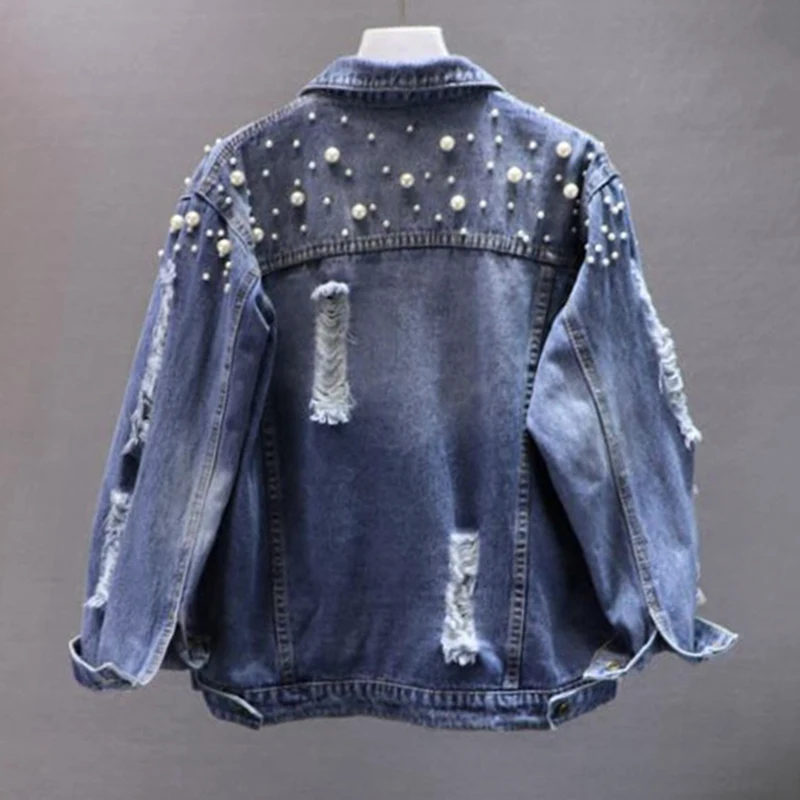 Женская джинсовая куртка с жемчужными бусинами винтажная Свободная в Корейском