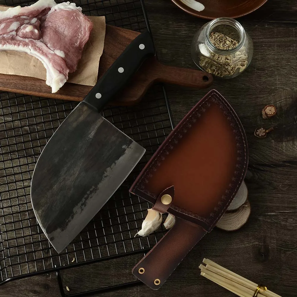 Knife with Sheath Нож поварской мясницы ручной работы кованые поварские ножи высокоуглеродистые Стальные Кухонные ножи с ножной кухонный мясницкий нож Инструменты - Цвет: Knife with Sheath