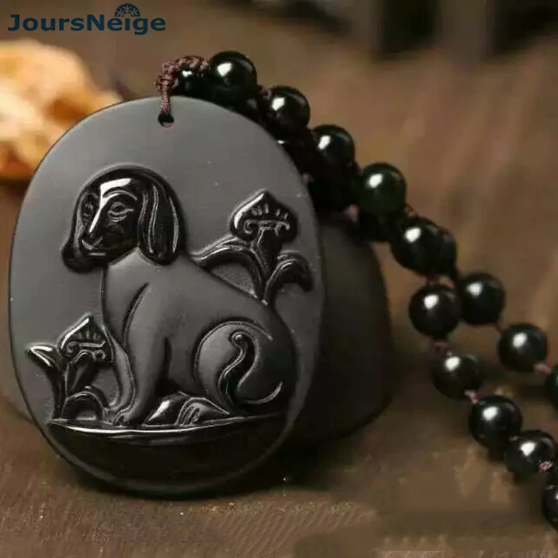 

Wholesale Scrub Stone Dog Natural Obsidian Pendant Necklace Lucky for Women Men Obsidian Beads Chain Fashion Jewelry JoursNeige