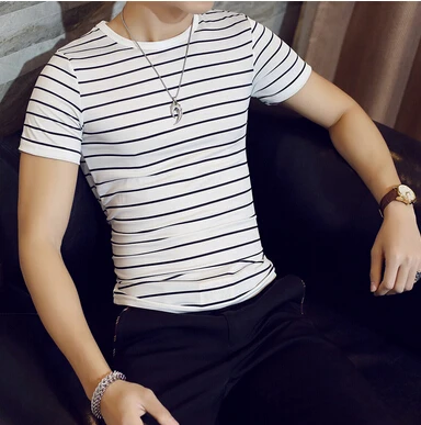 ECTTC новая мужская футболка 2019 летняя модная облегающая полосатая с круглым