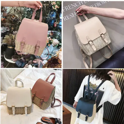 

2019 New Fashion Straw Leather Bag Woven Backpack Casual Travel Beach Satchel School Bags 4 Color