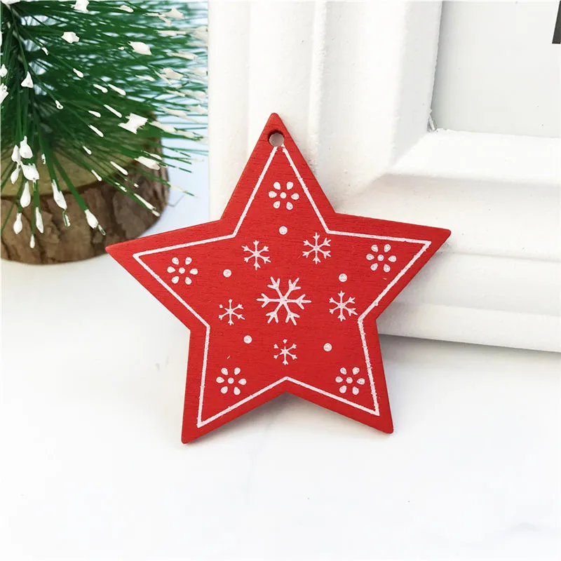 Star Red Новинка 10 шт белые красные рождественские елочные орнаменты деревянные подвесные подвески АНГЕЛ/олень/Рождественская елка/звезда рождественские украшения для дома - Цвет: Star Red