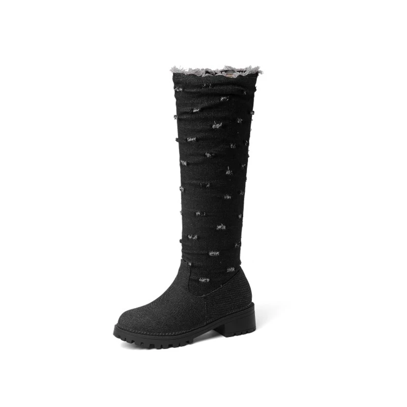 Black fur ORCHA LISA/джинсовые сапоги больших размеров 44 джинсовые сапоги до колена женские теплые зимние высокие сапоги на низком толстом каблуке Женская обувь женские сапоги C875 - Цвет: Black fur