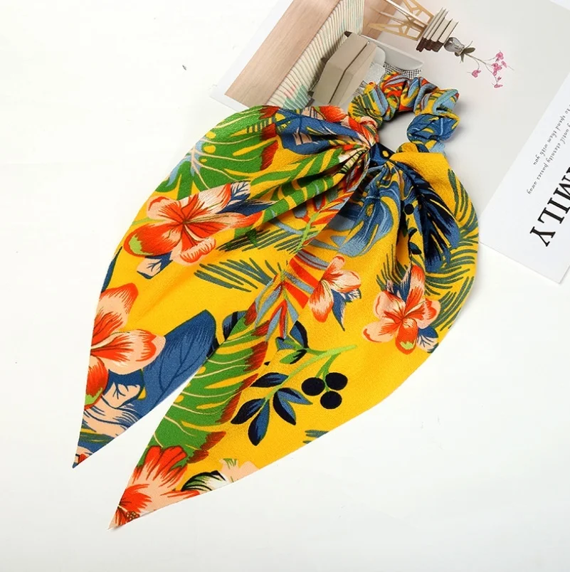 Bohemian Chiffon Flower Shrink Scarf Hair Band Ponytail Entrainment Bow Floral Print Hair Bundle Rope