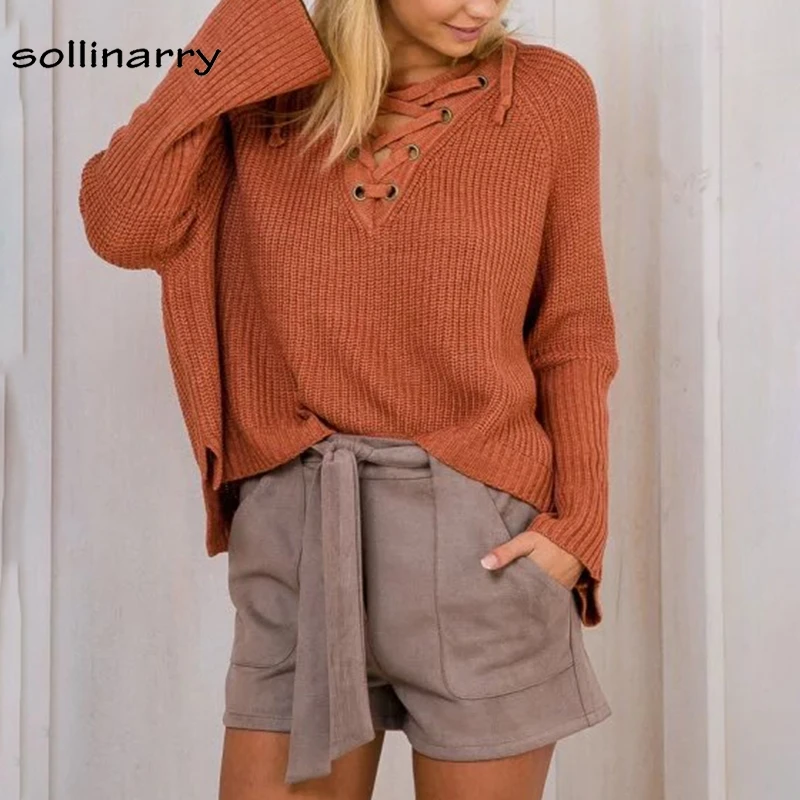 Sollinarry High Street Long Sleeve White Women Sweater Pullover Lace Up Sexy V NeckSolid Knit Winter | Женская одежда
