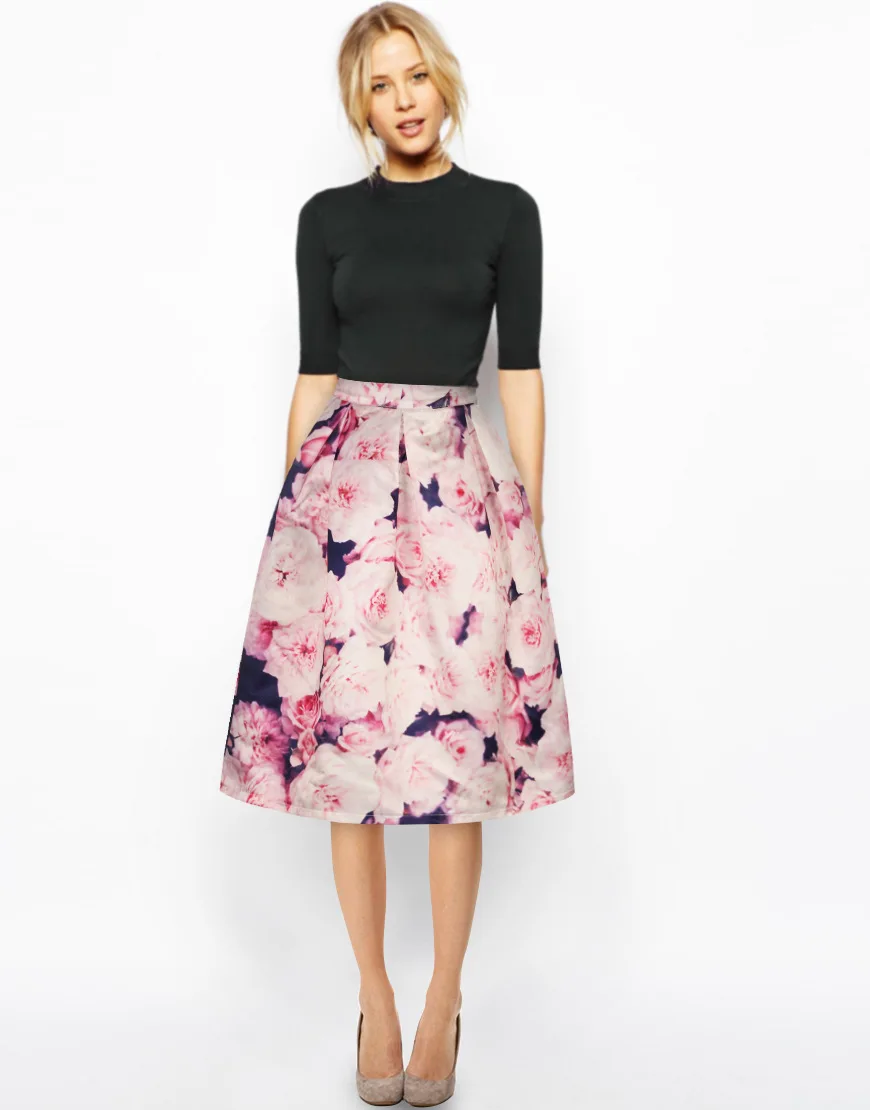 2018 розовая юбка с объемным принтом и цветочным рисунком Женская Удлиненная