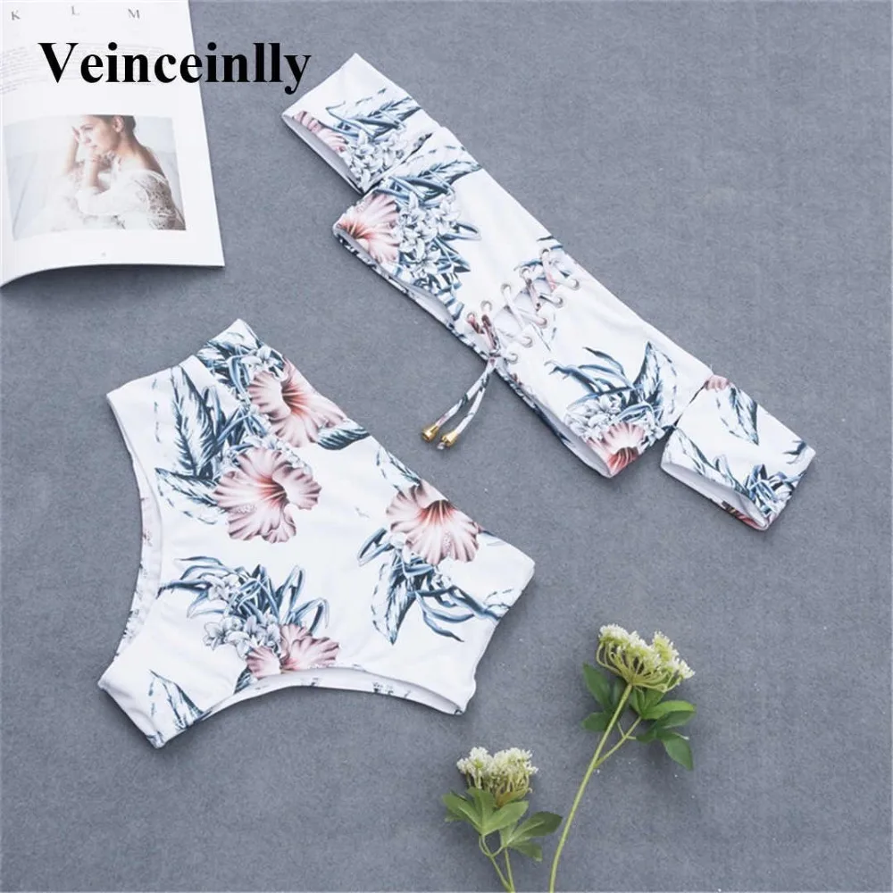 Купальный костюм на шнуровке с открытыми плечами бикини высокой талией женская