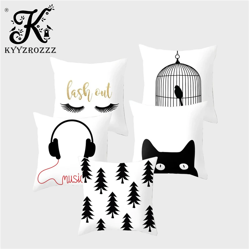 

Black and White Simple Printed Cushion Cover Polyester Bird Cat Cactus Pattern Art Decoration Home Sofa Car Chair Hug Pillowcase