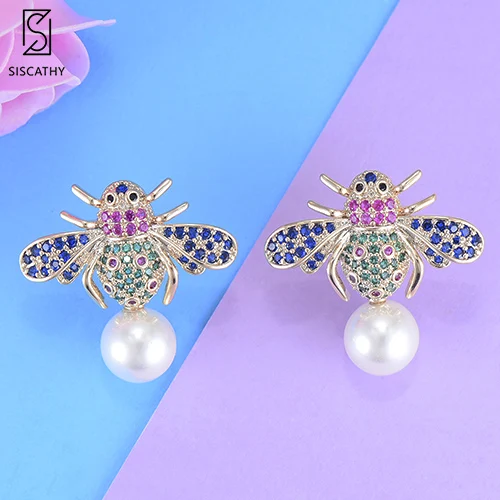 White Pearl SISCATHY/Винтажные серьги-гвоздики с искусственным жемчугом для женщин и девочек, кубический циркон, милые серьги-гвоздики в форме пчелы, ювелирные изделия, новинка года - Окраска металла: White Pearl