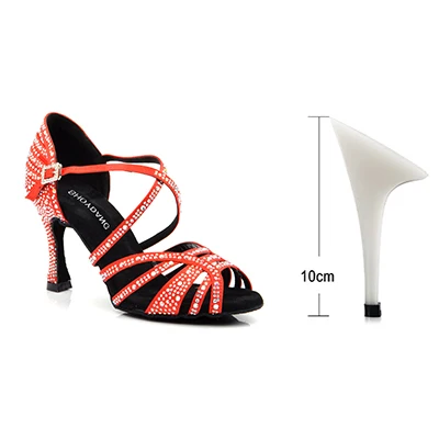 Red 10cm SHOYDANC/Танцевальная обувь для сальсы, женская обувь для латинских танцев со стразами, женская обувь на Кубинском каблуке 9 см, Обувь для бальных танцев - Цвет: Red 10cm