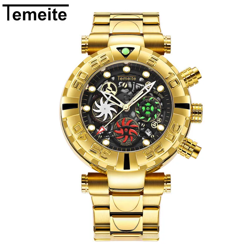 Temeite 4 Temeite часы мужские деловые повседневные золотые креативные полые Кварцевые часы водонепроницаемые военные наручные часы Мужские часы с хронографом - Цвет: Temeite 4