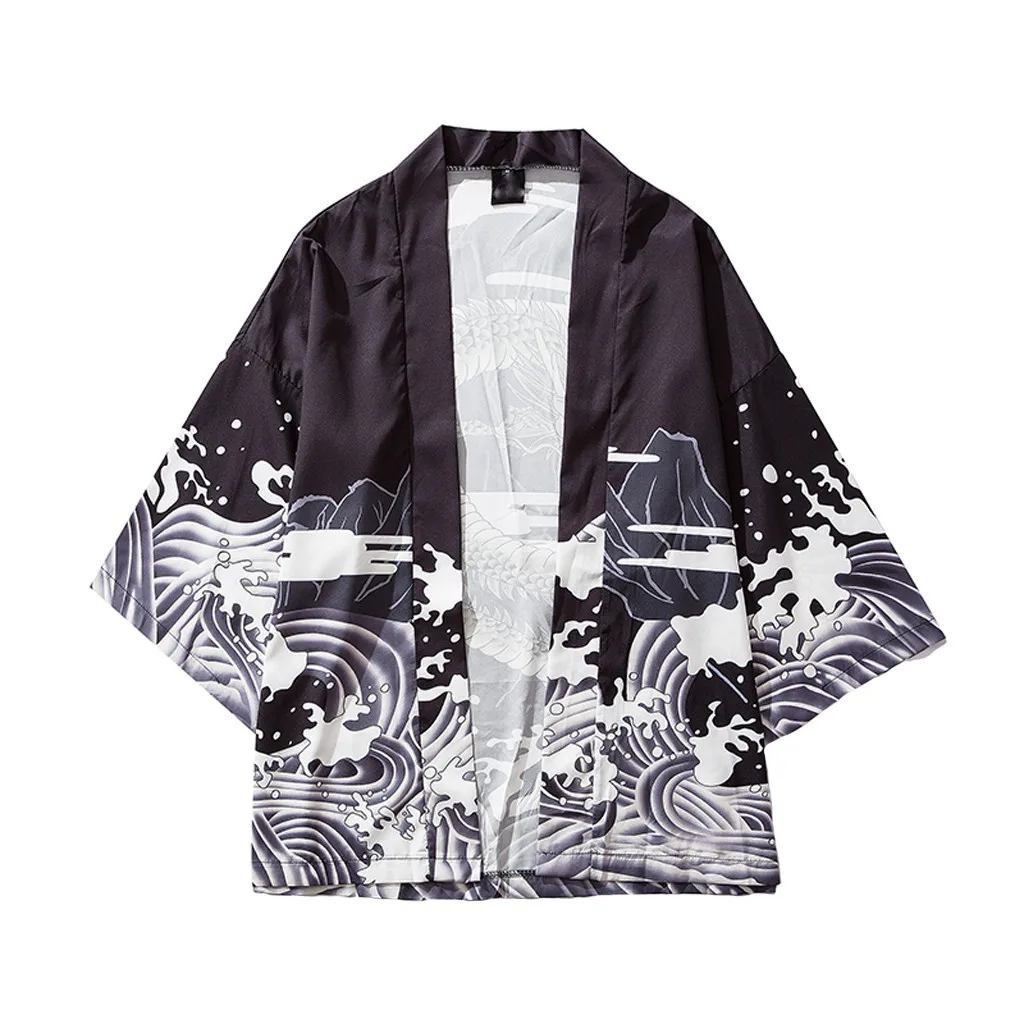 Tshirt Homme 2019 Fashion Mens Cardigan National Print Loose Jacket Yukata Coat Baggy Tops Summer Camisa Masculina Free Shipping | Мужская