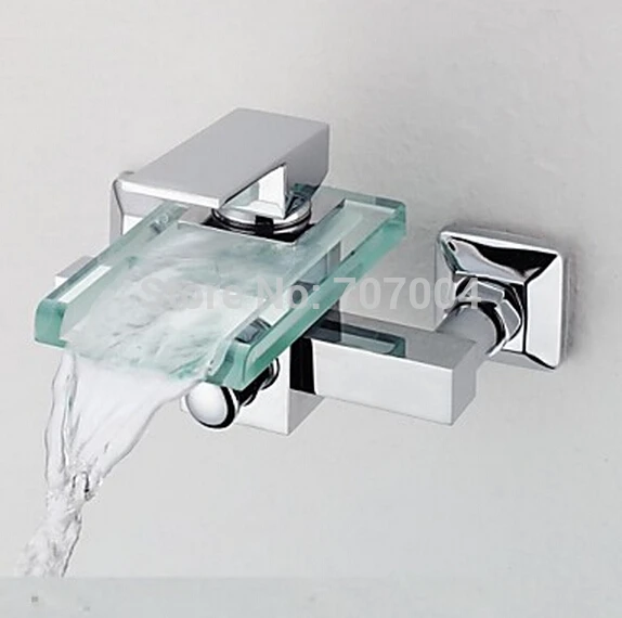 Chrome Finish Contemporary Single Handle Glass Waterfall Bathroom Tub Faucet Wall Mount Bathtub Shower Mixer Tap|tap bass|faucet wallfaucet set |