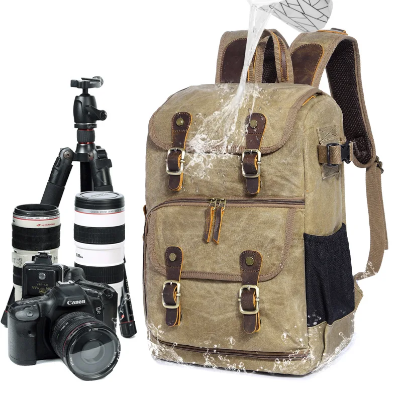 

Dropship Europe Fashion Waterproof DSLR Backpacks Canvas Leather Camera Rucksacks Vintage Travel Daypacks Multifunction Mochila