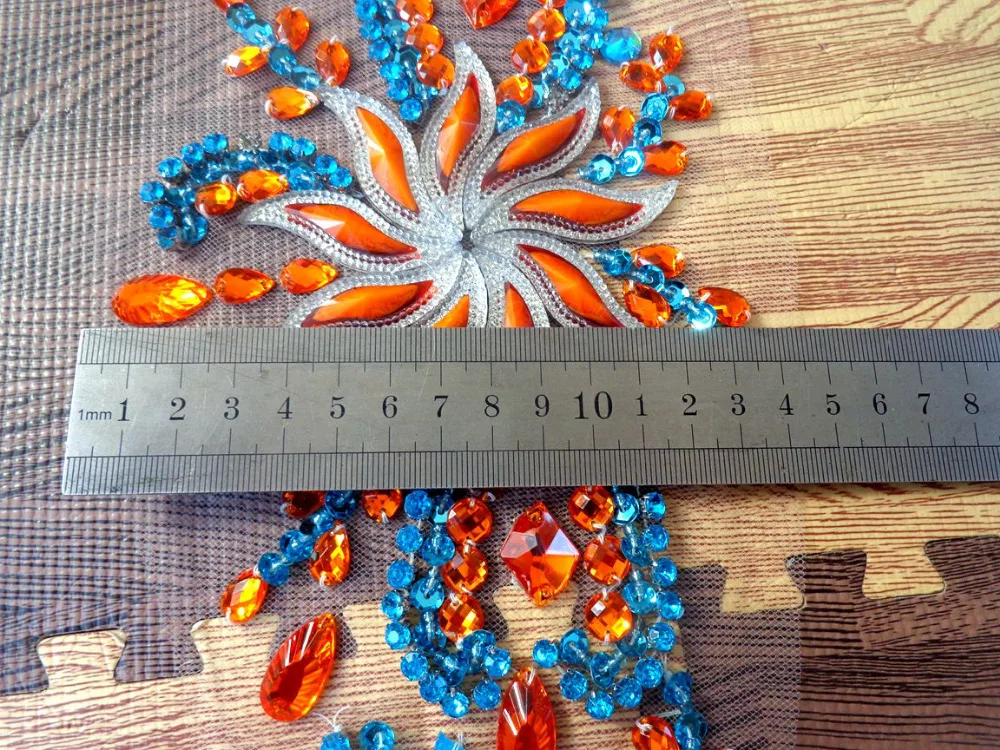 Оранжевый/небесно-голубой цвет ручной работы пришить стразы аппликация отделка