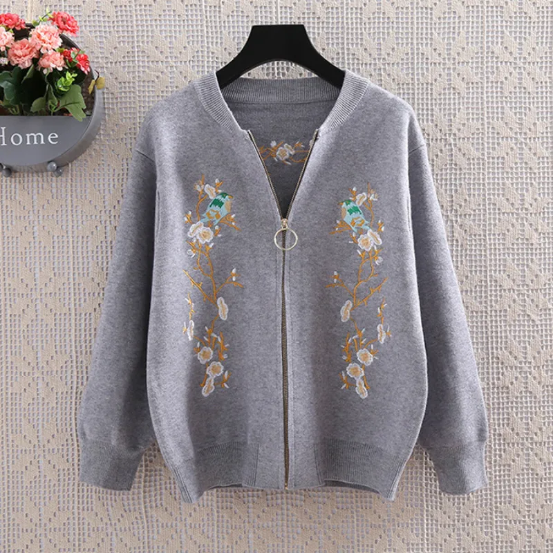 Autumn Winter Luxury Runway Fashion Knitted Sweaters Cardigans Long Sleeve Bird Flowers Embroidered Casual Zipper Tops |