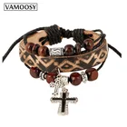Леопардовый принт, ювелирные изделия для женщин и мужчин, коричневый винтажный кожаный браслет с крестом, Иисус, христианская религиозная бижутерия 2018