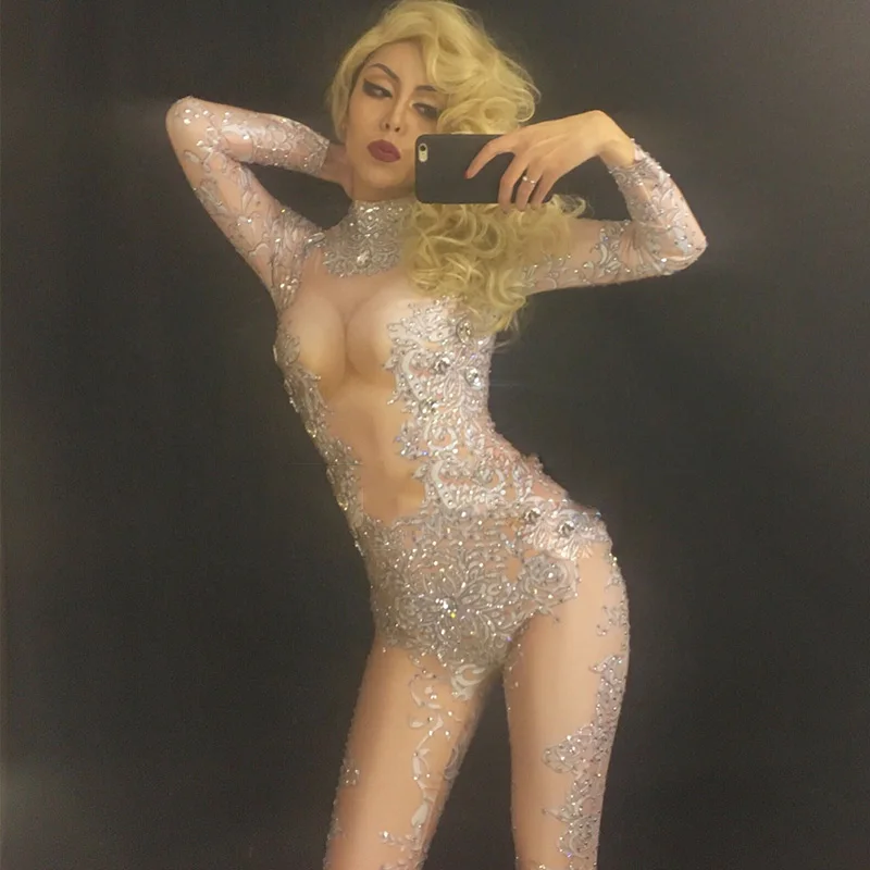 Sparkly Jumpsuit Fashion Sexy Nude Big Stretch Dance Costume One-piece Bodysuit Birthday Outfit Stage Party Leggings DNV10823 |