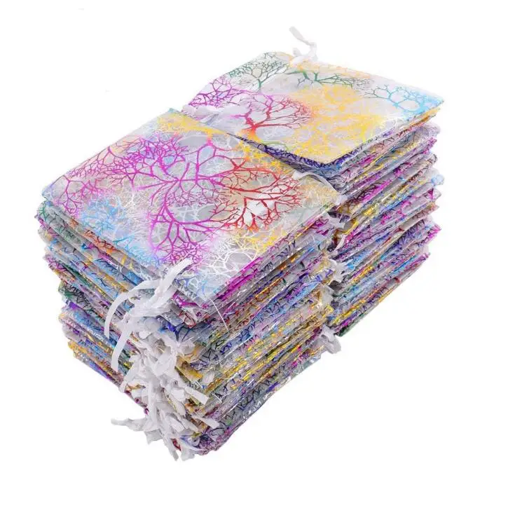 100 шт./лот 9x12,13x18,17x23,20x30 см из газовой ткани с коралловым узором мешочки с завязками из органзы Рождественский подарок упаковочные пакеты