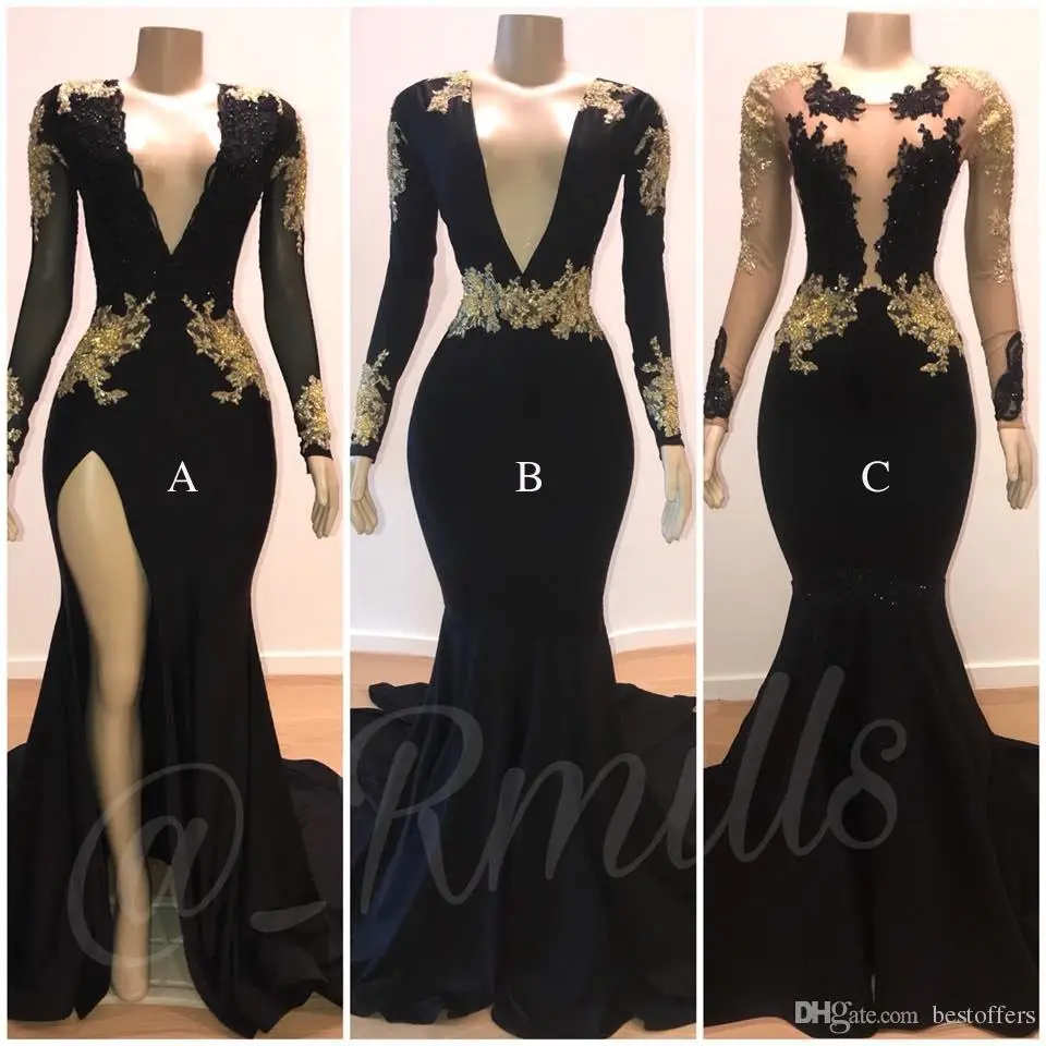 please leave style Сексуальные черные платья с глубоким v-образным вырезом для выпускного вечера Великолепные золотые кружевные аппликации с длинным рукавом с открытой спиной Вечерние платья - Цвет: please leave style