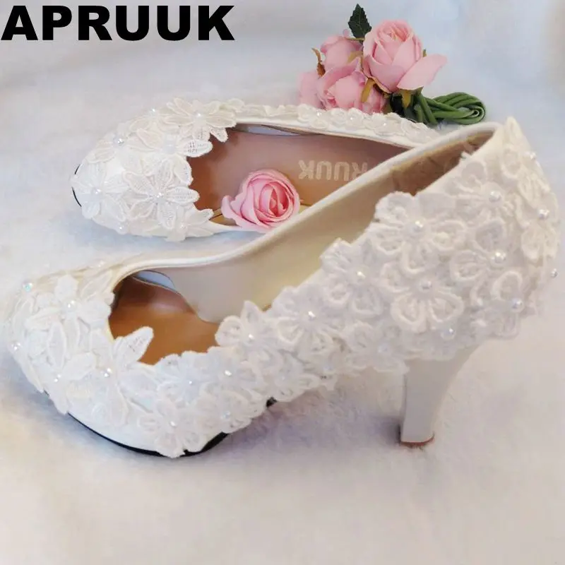 

High heels platforms white lace wedding shoes women female ladies fashion heeled brides pumps shoes ladies party dress shoe