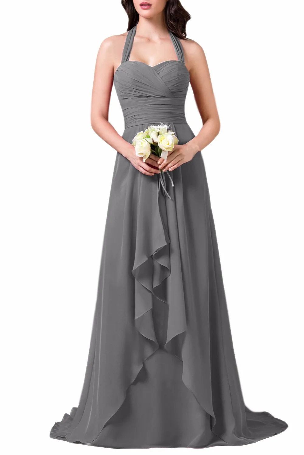 Новый 2017 Серый Плиссированные Шифон Вечернее Платье для Женщин Холтер Шеи Спинки