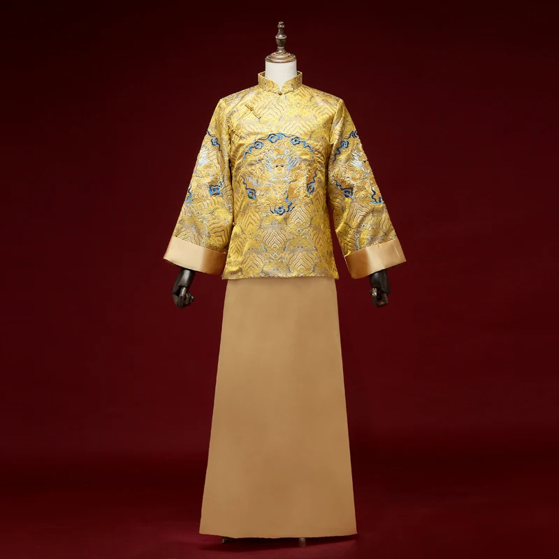 

Новый мужской золотой халат, Восточный элемент, халат для жениха, традиционный китайский свадебный костюм, винтажный костюм для жениха Тан