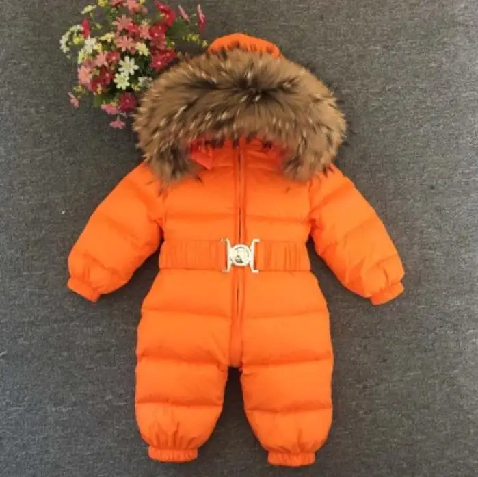 Orange Зимние Пуховые куртки для новорожденных мальчиков и девочек 0-5 лет, комбинезон из 90% белого утиного пуха с натуральным мехом, верхняя одежда для детей, ws07 - Цвет: Orange