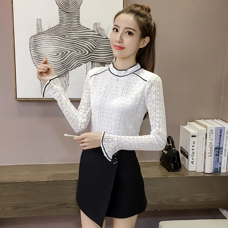 

2021 Autumn lace bottoming shirt Korean new shirts hollowed out women's long sleeves 553E 30