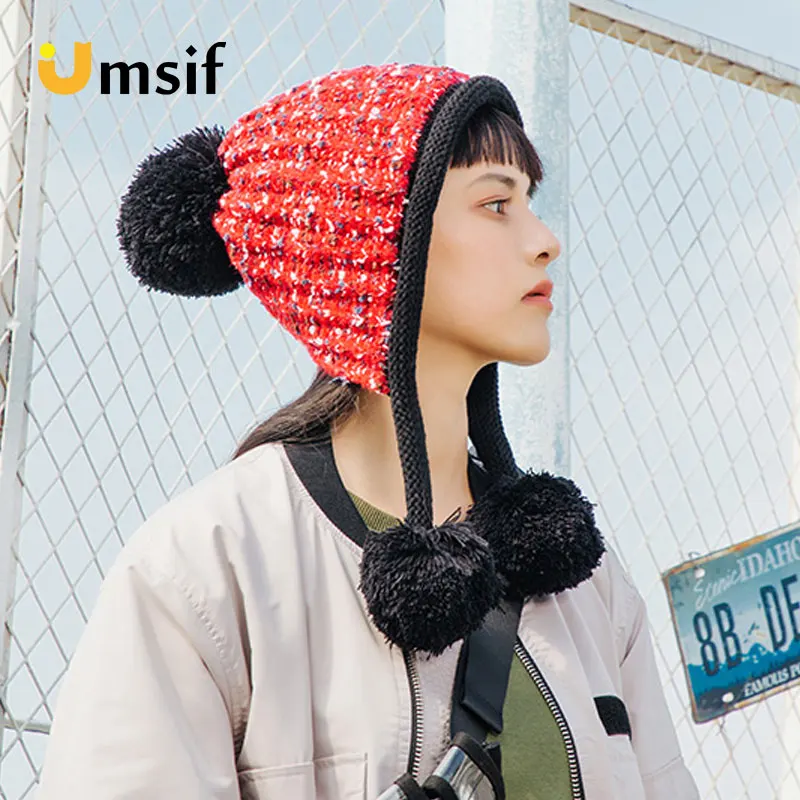 Ветрозащитные теплые помпоны шапки бомберы для женщин 2018 новые зимние женские