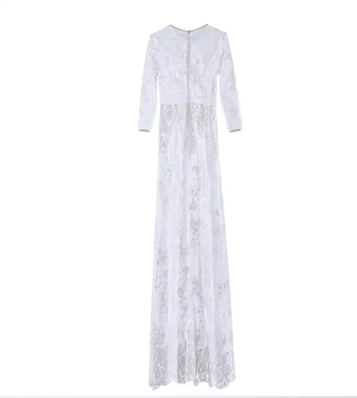 Women Long Maxi Dress O Neck Sexy Lace Mesh See Through Floral Party Vintage Floor Length Elegant Sleeve Beach CS-09 | Женская одежда