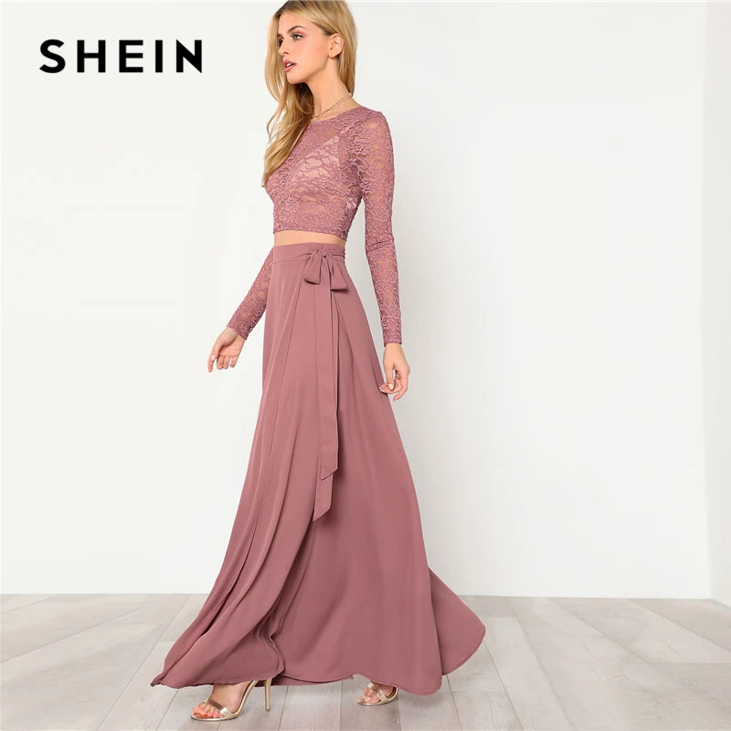 SHEIN Модный Кружевной Топ И Модная Юбка Комплект Женский Розовый Романтичный Топ С Длинными Рукавами И Длинной Юбкой С Поясом