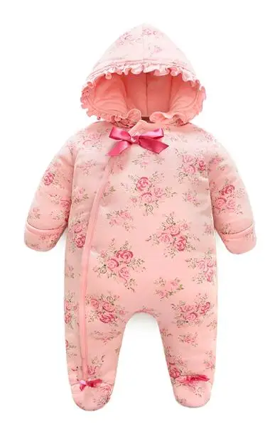 pink romper Зимний комбинезон для маленьких девочек; теплый плотный комбинезон с цветочным рисунком; одежда для малышей с капюшоном в стиле принцессы; зимняя одежда для новорожденных девочек - Цвет: pink romper
