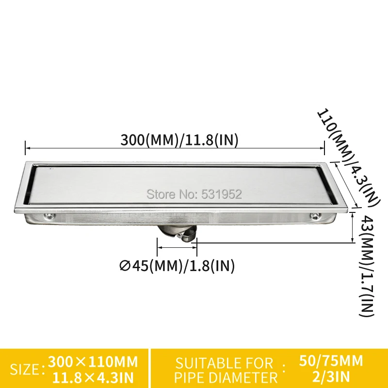 300 x 110mm floor drain 304 solid stainless steel anti odor bathroom invisible shower floor drain deodorization free shipping free global shipping