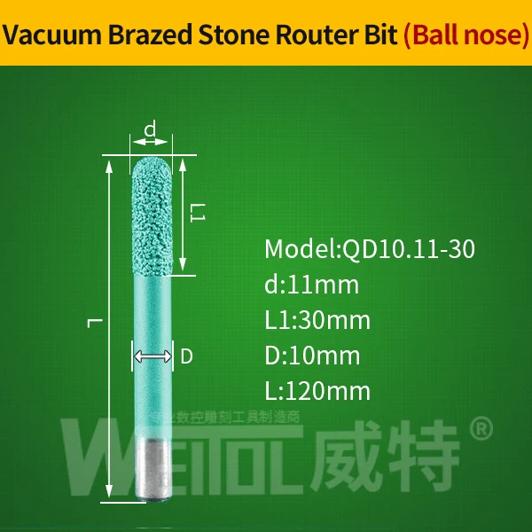 WeiTol 1 шт. 3D фрезы для резьбы по камню, вакуумные паяные фрезы для резки камня, фрезы с шариковым носом, 3D V-образные гравировальные фрезы для гранита