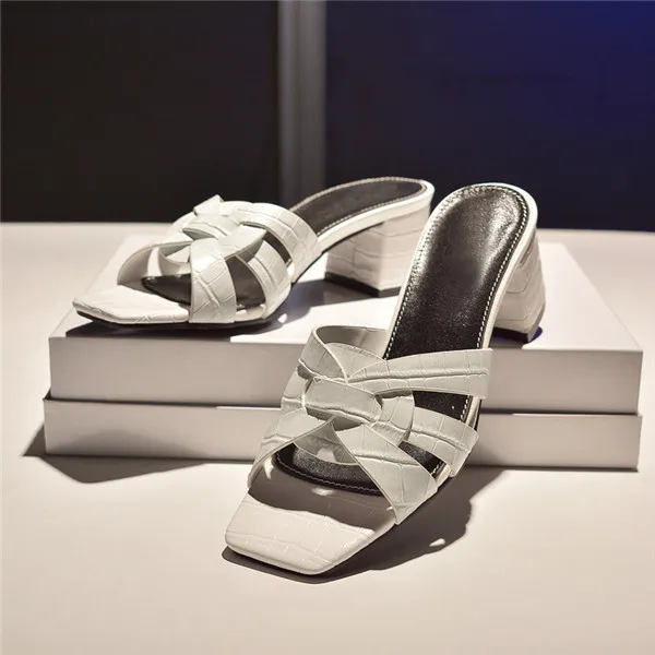 white textured Модные женские шлепанцы с открытым носком и вырезами; классическая женская обувь из натуральной кожи на квадратном каблуке; элегантная верхняя одежда - Цвет: white textured