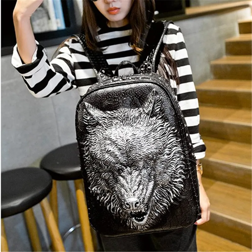 

Fashion New Animal Grain Travel Backpack Hot Wolf 3D Emboss Travel hop trend Bag Large Capacity PU Leather Women School bags