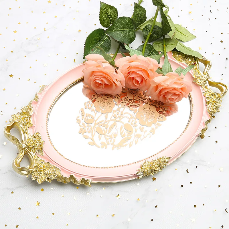 Bandeja Resin Mirror Storage Tray Rose White Blue Jewelry Food Fruit Dish Pink Snack Wedding Serving Decoration Plate Crafts