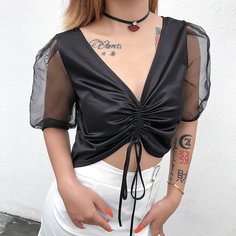 Сексуальная черная футболка в стиле пэчворк с v-образным вырезом женская летняя